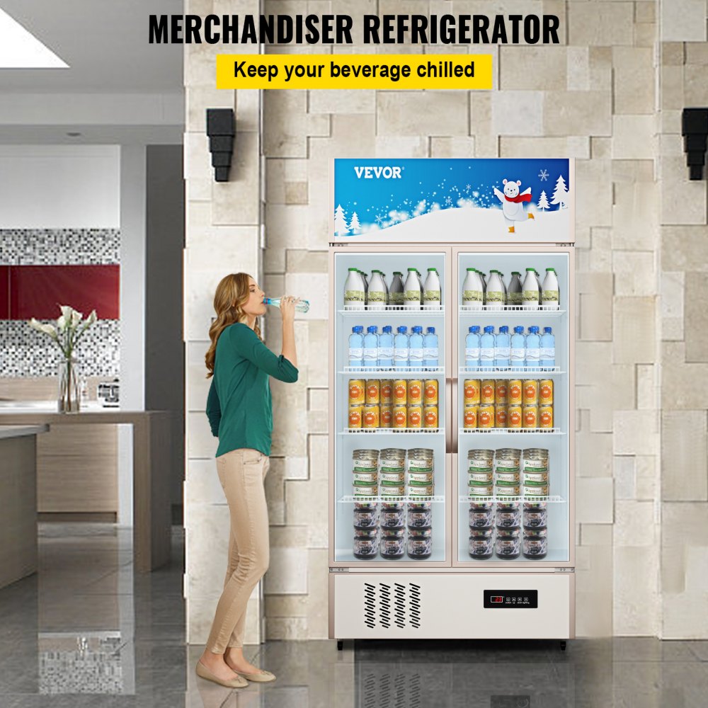 Refrigerador comercial VEVOR, refrigerador de exhibición vertical para bebidas, puerta de vidrio con luz LED para hogar, tienda, gimnasio u oficina, (23 pies cúbicos, puerta doble abatible)