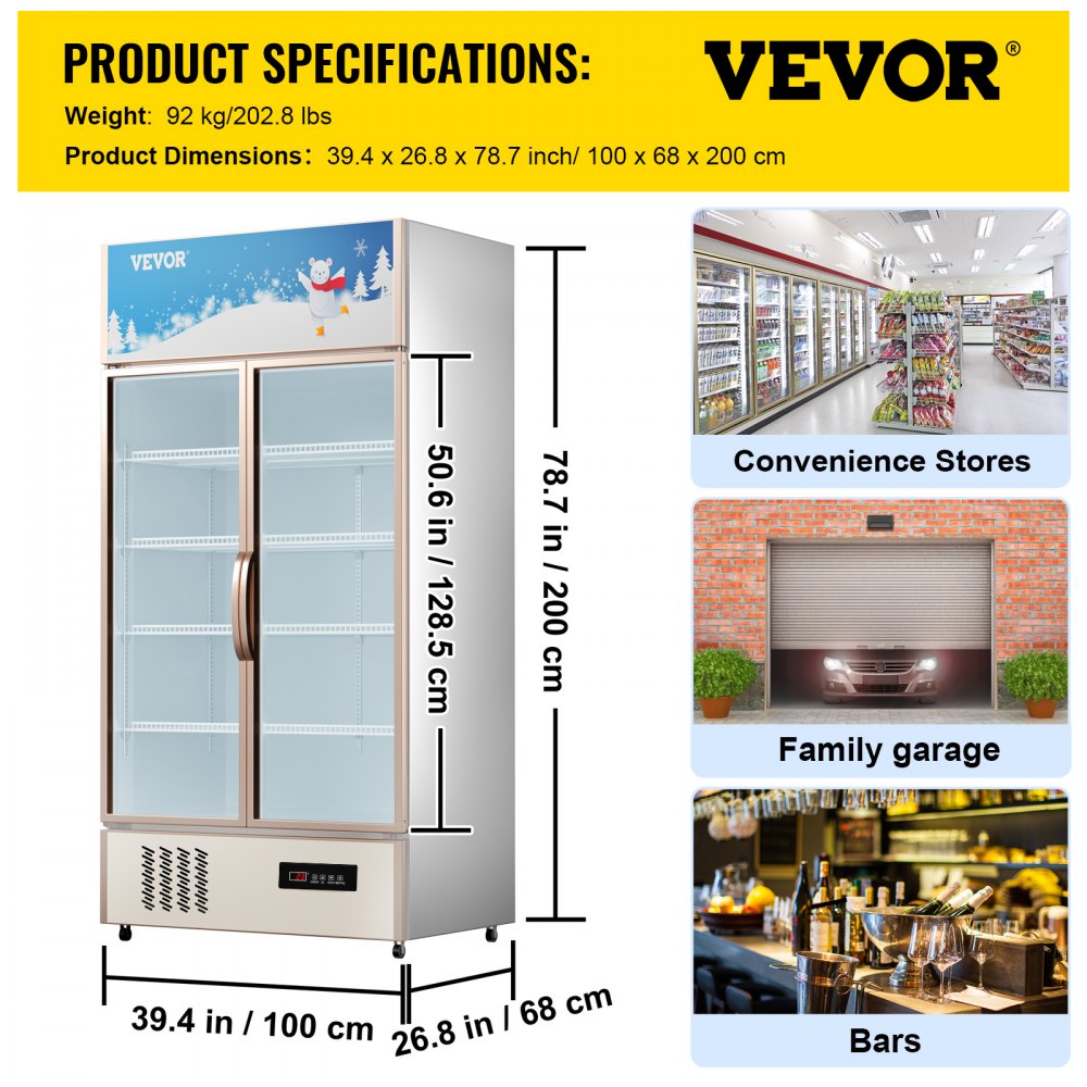 Refrigerador comercial VEVOR, refrigerador de exhibición vertical para bebidas, puerta de vidrio con luz LED para hogar, tienda, gimnasio u oficina, (23 pies cúbicos, puerta doble abatible)