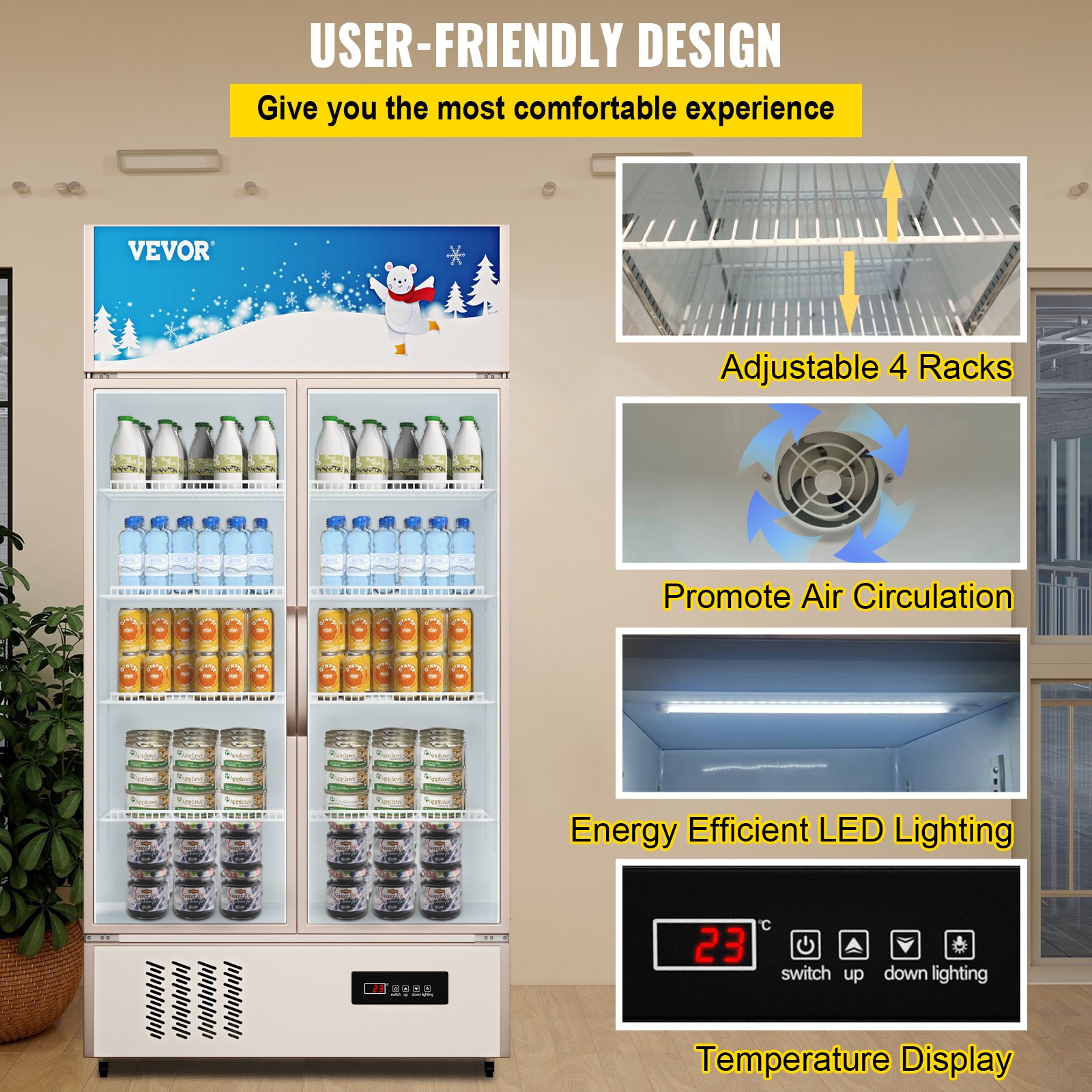 Refrigerador comercial VEVOR, refrigerador de exhibición vertical para bebidas, puerta de vidrio con luz LED para hogar, tienda, gimnasio u oficina, (23 pies cúbicos, puerta doble abatible)