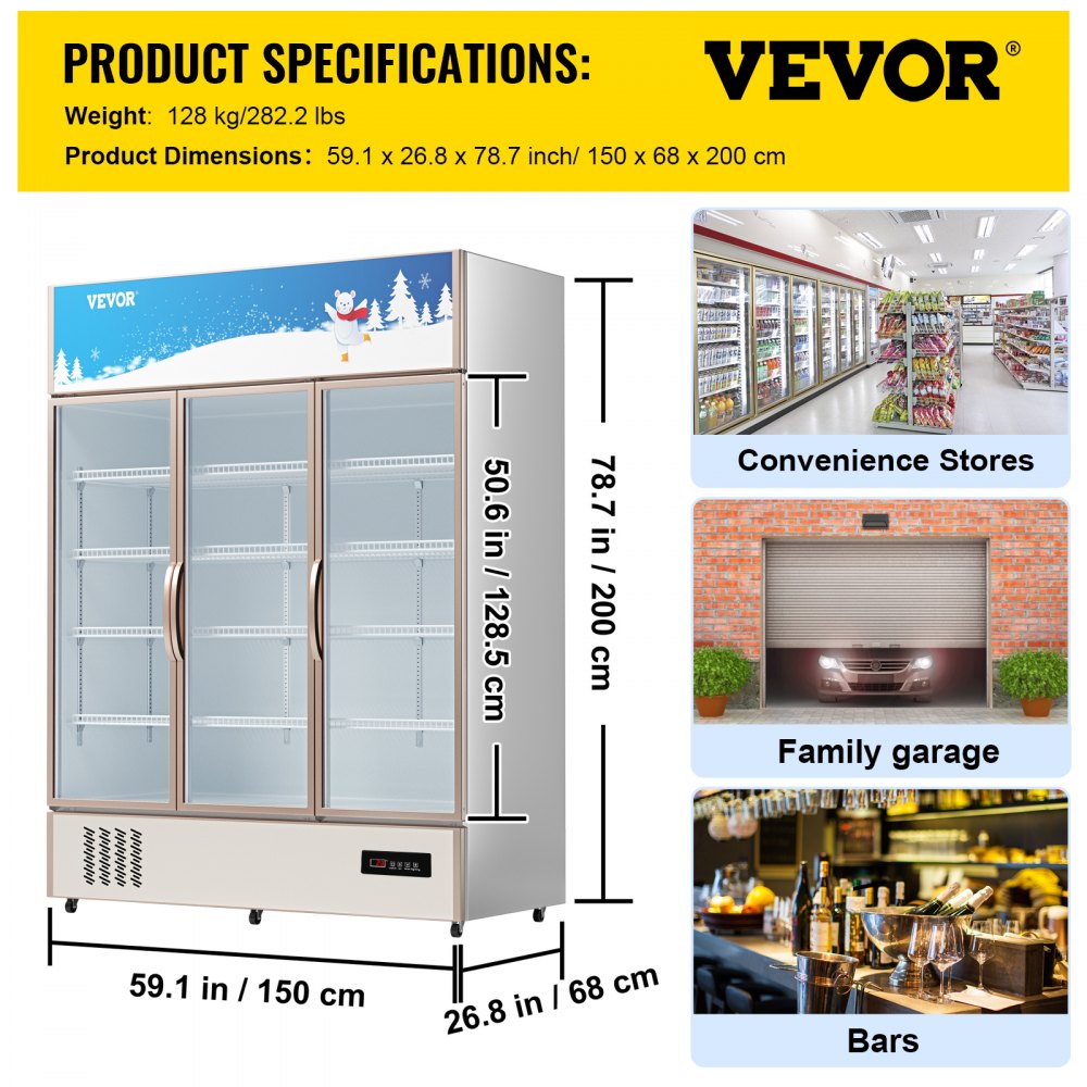 Refrigerador comercial VEVOR, refrigerador de exhibición vertical para bebidas, puerta de vidrio con luz LED para hogar, tienda, gimnasio u oficina, (35 pies cúbicos, puerta triple abatible)