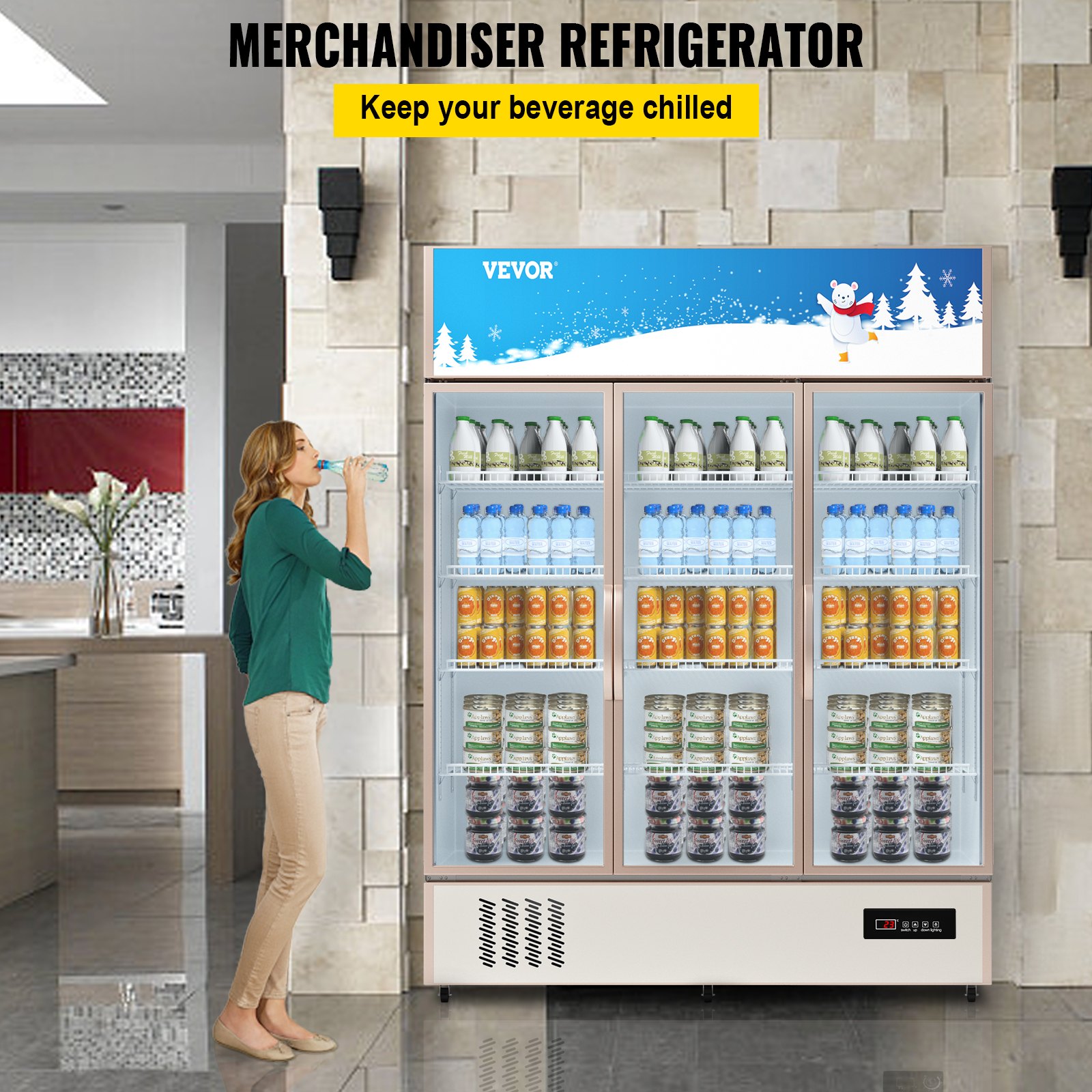 Refrigerador comercial VEVOR, refrigerador de exhibición vertical para bebidas, puerta de vidrio con luz LED para hogar, tienda, gimnasio u oficina, (35 pies cúbicos, puerta triple abatible)