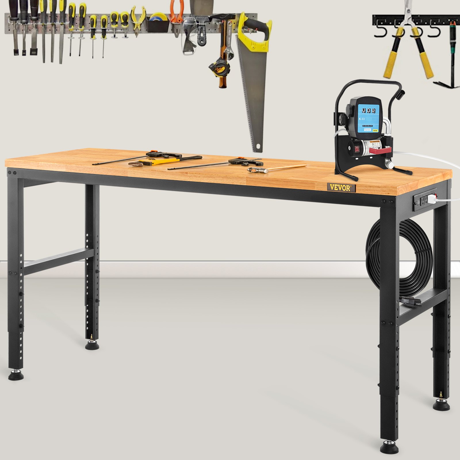 VEVOR Banco de trabajo de altura ajustable, mesa de garaje de 48\" LX 24\" WX 38.1\" H con alturas de 28.3\" - 38.1\" y capacidad de carga de 2000 LBS, con tomas de corriente, tapa de madera dura, mar