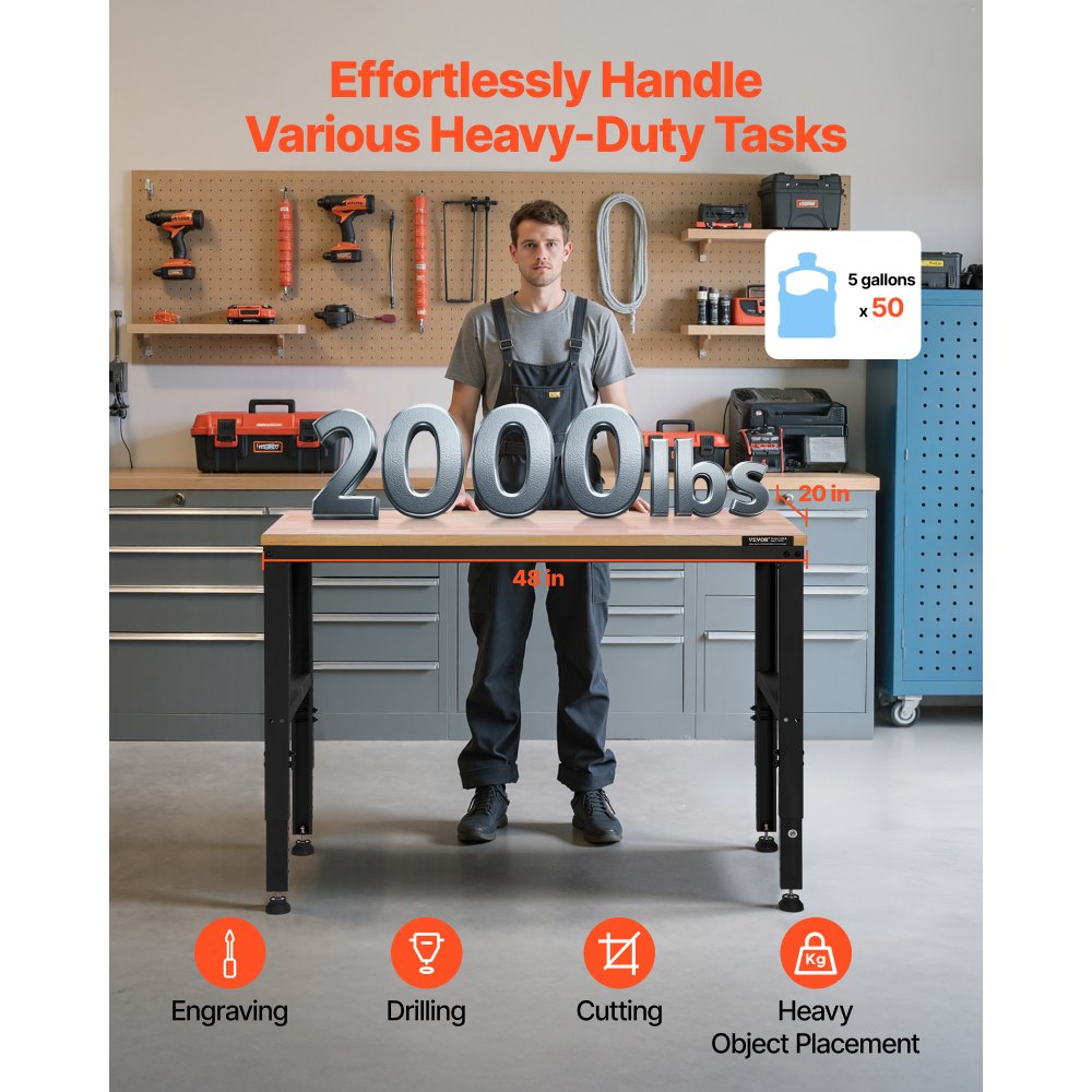 Banco de trabajo ajustable VEVOR, capacidad de 900 kg, 122 x 50 cm, resistente, con ajuste de altura de 72 a 97 cm, banco de trabajo para garaje con tomas de corriente, apto para oficina, garaje y taller.