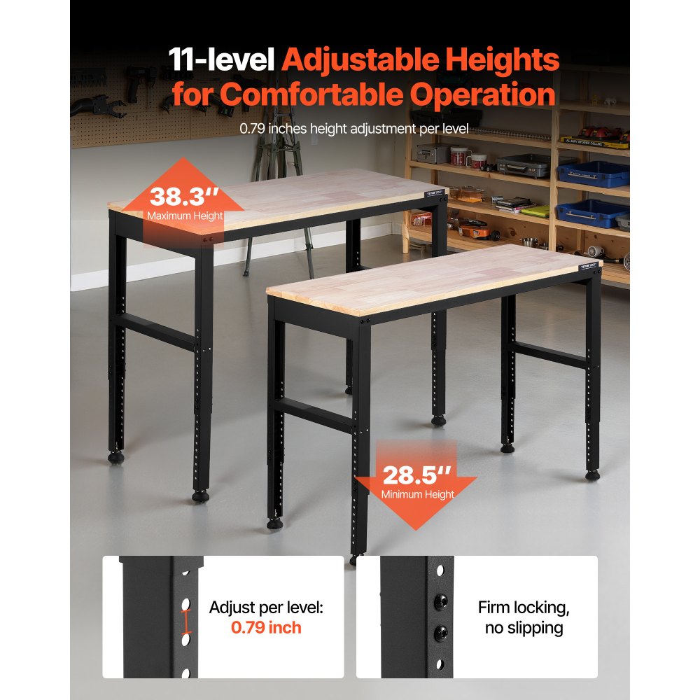 Banco de trabajo ajustable VEVOR, capacidad de 900 kg, 122 x 50 cm, resistente, con ajuste de altura de 72 a 97 cm, banco de trabajo para garaje con tomas de corriente, apto para oficina, garaje y taller.
