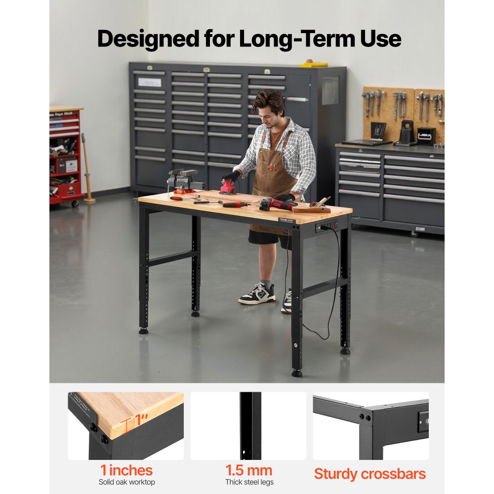 Banco de trabajo ajustable VEVOR, capacidad de 900 kg, 122 x 50 cm, resistente, con ajuste de altura de 72 a 97 cm, banco de trabajo para garaje con tomas de corriente, apto para oficina, garaje y taller.