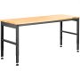 Banco de trabajo ajustable VEVOR con tablero de madera y patas de metal para uso en garaje o taller.