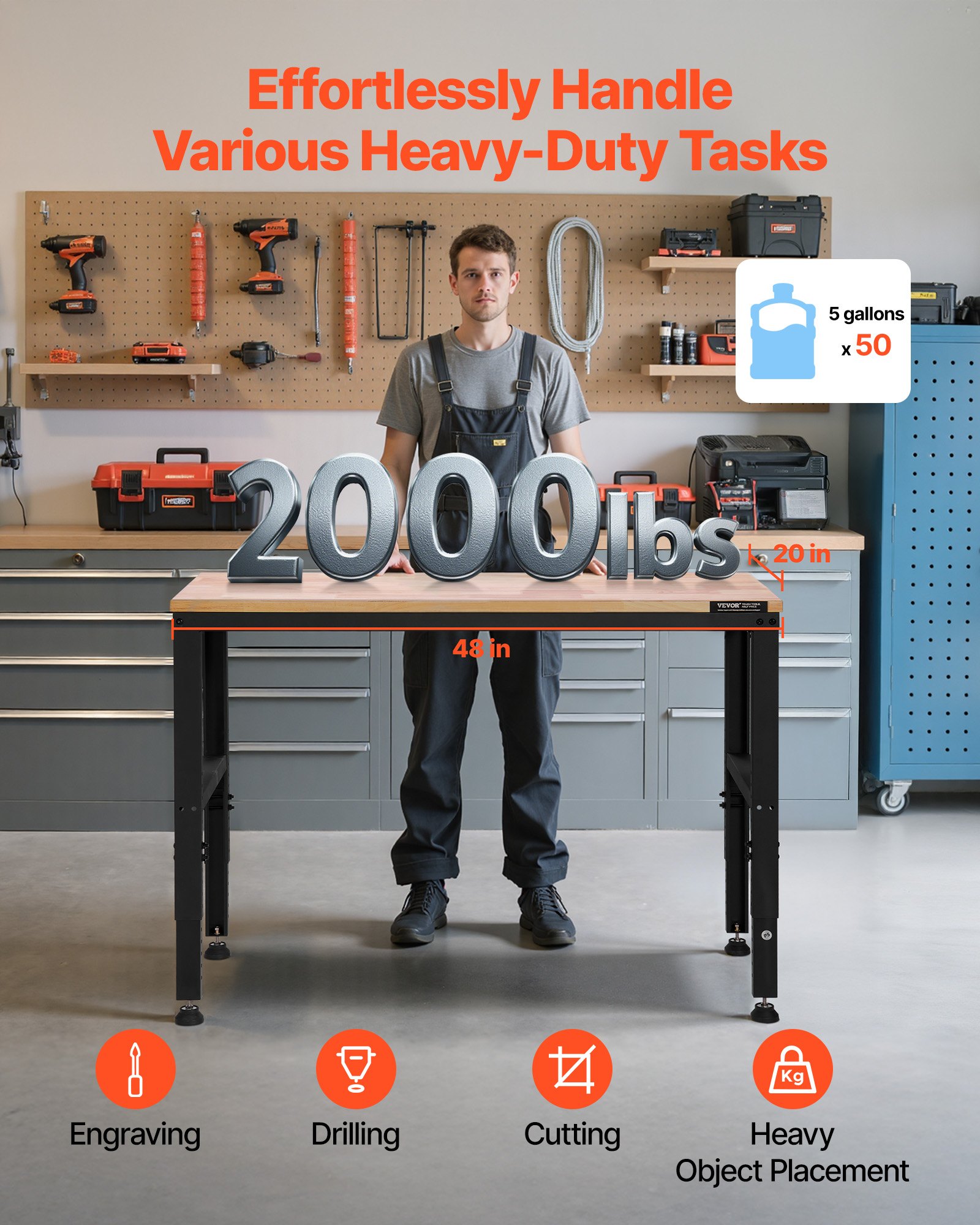 Banco de trabajo ajustable VEVOR, capacidad de 900 kg, 122 x 50 cm, resistente, con ajuste de altura de 72 a 97 cm, banco de trabajo para garaje con tomas de corriente, apto para oficina, garaje y taller.