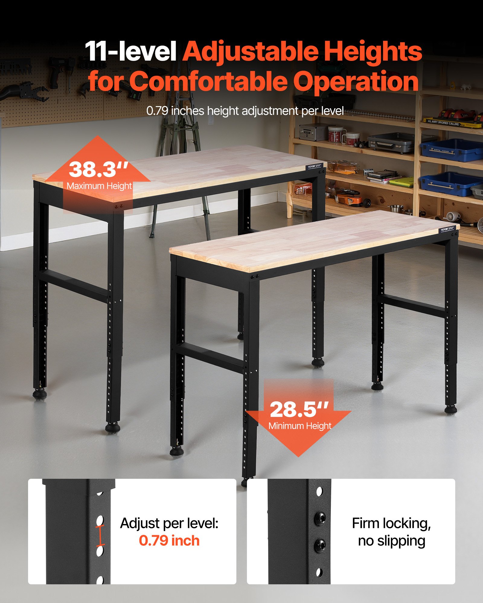 Banco de trabajo ajustable VEVOR, capacidad de 900 kg, 122 x 50 cm, resistente, con ajuste de altura de 72 a 97 cm, banco de trabajo para garaje con tomas de corriente, apto para oficina, garaje y taller.