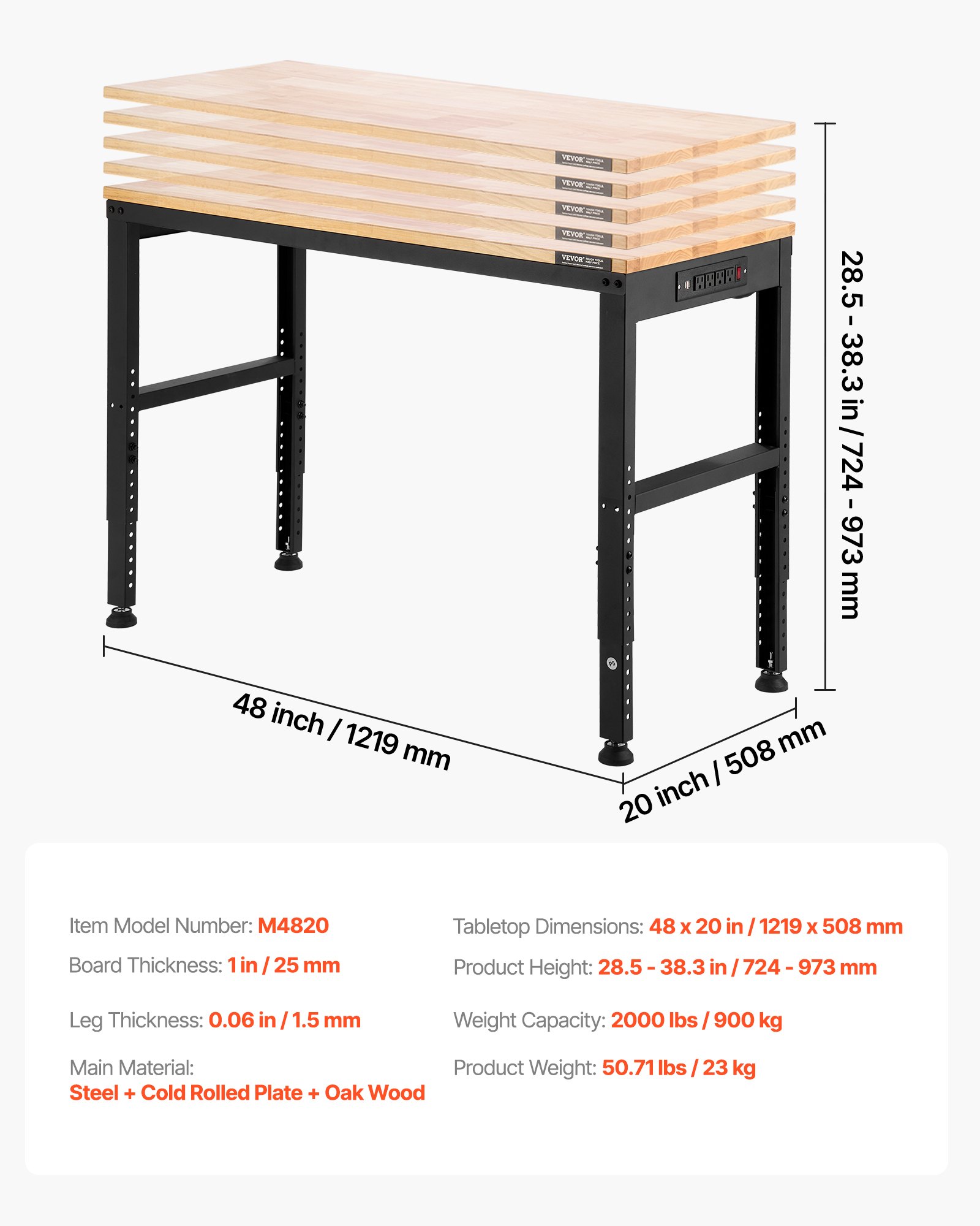 Banco de trabajo ajustable VEVOR, capacidad de 900 kg, 122 x 50 cm, resistente, con ajuste de altura de 72 a 97 cm, banco de trabajo para garaje con tomas de corriente, apto para oficina, garaje y taller.