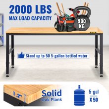 VEVOR Banco de trabajo de altura ajustable, mesa de garaje de 61 x 20 pulgadas con alturas de 27,1 a 36 pulgadas y capacidad de carga de 2000 libras, con tomas de corriente, tapa de madera dura, marco