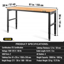 VEVOR Banco de trabajo de altura ajustable, mesa de garaje de 61 x 20 pulgadas con alturas de 27,1 a 36 pulgadas y capacidad de carga de 2000 libras, con tomas de corriente, tapa de madera dura, marco