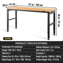 VEVOR Banco de trabajo de altura ajustable, mesa de garaje de 61 x 20 pulgadas con alturas de 27,1 a 36 pulgadas y capacidad de carga de 2000 libras, con tomas de corriente, tapa de madera dura, marco