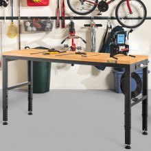 VEVOR Banco de trabajo de altura ajustable, mesa de garaje de 61 x 20 pulgadas con alturas de 27,1 a 36 pulgadas y capacidad de carga de 2000 libras, con tomas de corriente, tapa de madera dura, marco
