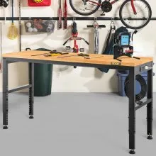 VEVOR Banco de trabajo de altura ajustable, mesa de garaje de 61 x 20 pulgadas con alturas de 27,1 a 36 pulgadas y capacidad de carga de 2000 libras, con tomas de corriente, tapa de madera dura, marco