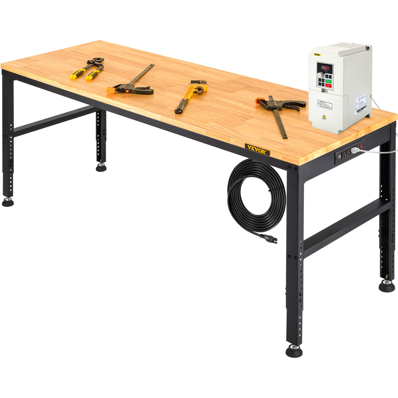 Banco de trabajo ajustable VEVOR con herramientas, dispositivo eléctrico y cable enrollado sobre tablero de madera y patas de acero.