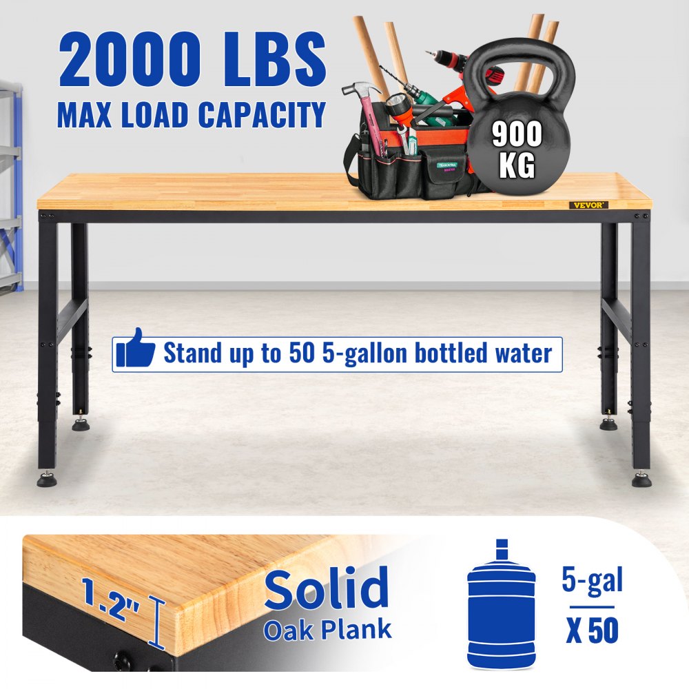 VEVOR Banco de trabajo Altura ajustable, 72" L x 25" W Mesa de garaje con 28.5"-38.3" Alturas y capacidad de 2000 LBS, tomas de corriente y parte superior de madera dura y marco de metal y almohadillas para los pies, para taller, oficina, hogar