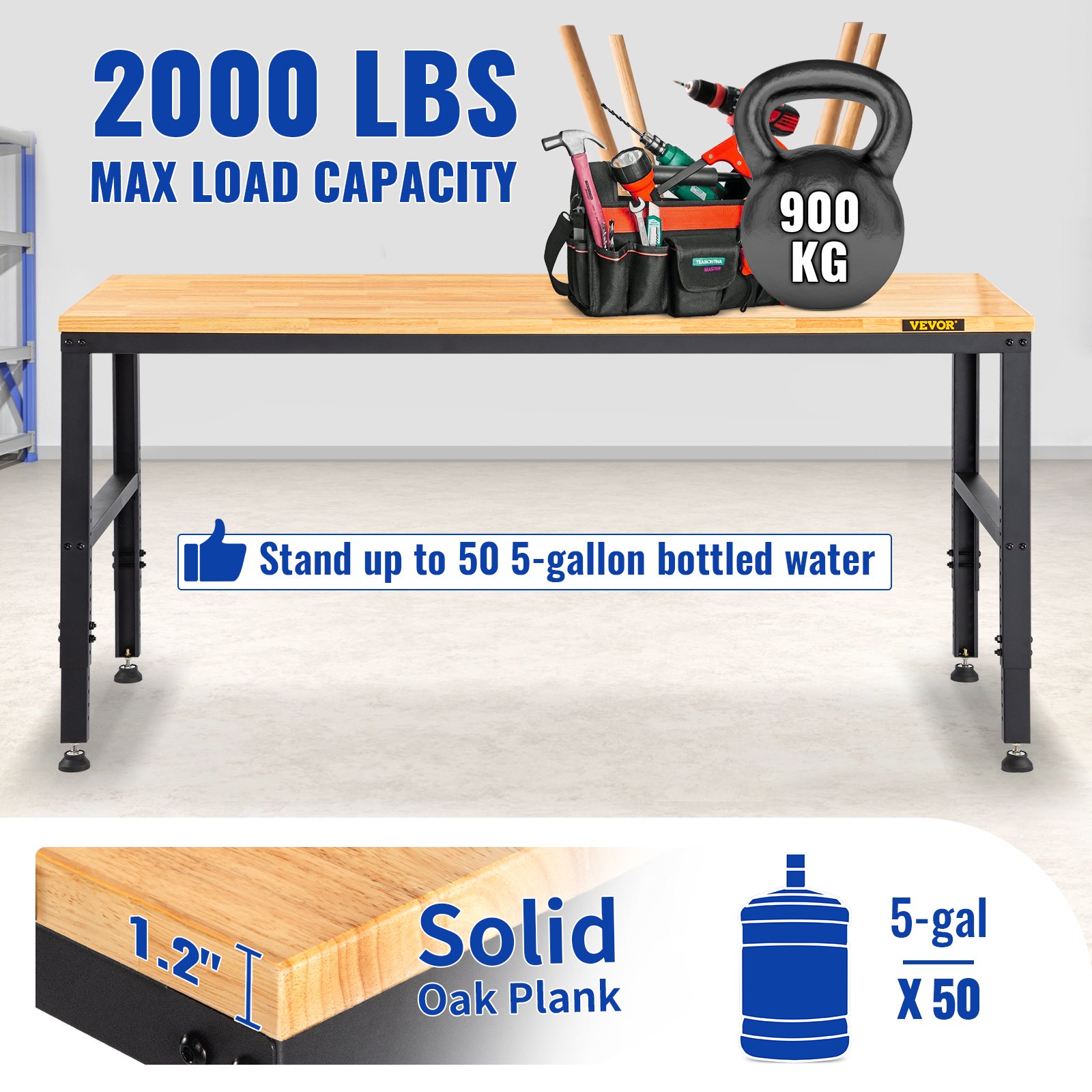 VEVOR Banco de trabajo Altura ajustable, 72" L x 25" W Mesa de garaje con 28.5"-38.3" Alturas y capacidad de 2000 LBS, tomas de corriente y parte superior de madera dura y marco de metal y almohadillas para los pies, para taller, oficina, hogar