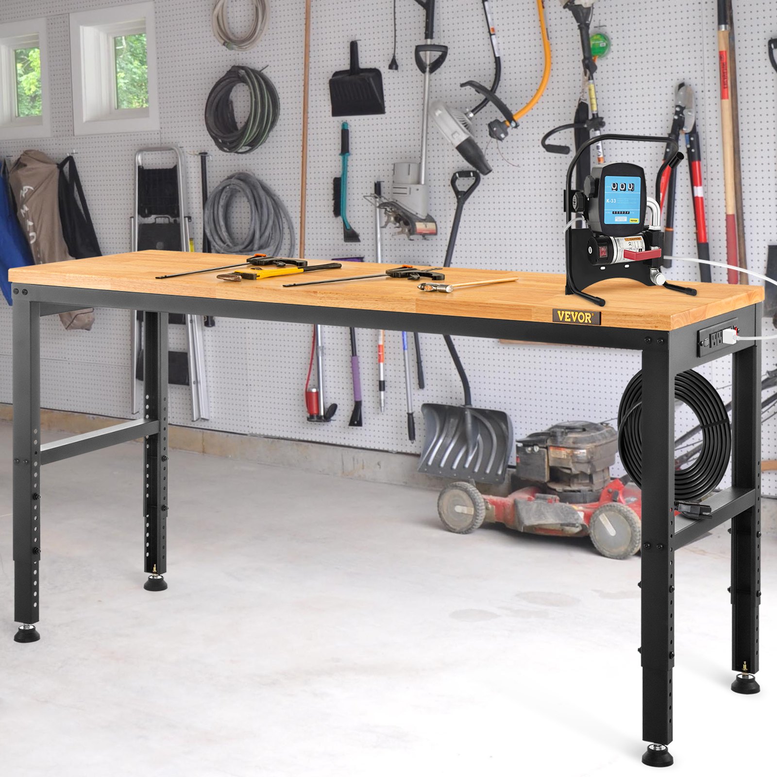 VEVOR Banco de trabajo Altura ajustable, 72" L x 25" W Mesa de garaje con 28.5"-38.3" Alturas y capacidad de 2000 LBS, tomas de corriente y parte superior de madera dura y marco de metal y almohadillas para los pies, para taller, oficina, hogar