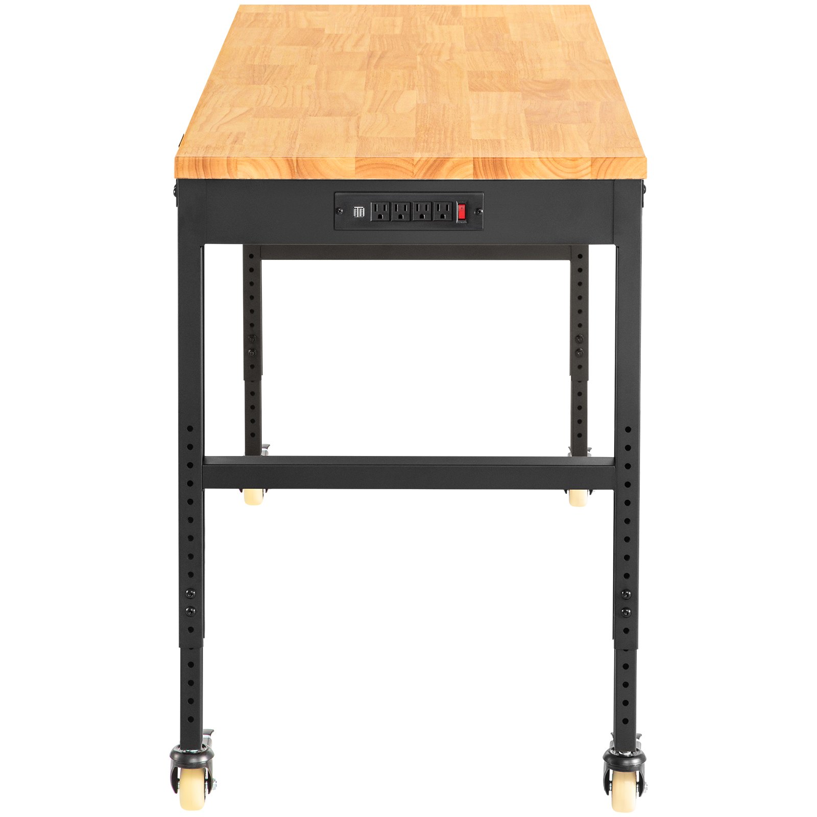 VEVOR Banco de trabajo de altura ajustable, mesa de garaje de 61 x 20 pulgadas con alturas de 31,3 a 41,3 pulgadas y capacidad de 1600 libras, tomas de corriente y parte superior de madera dura y marco de metal y ruedas giratorias, para taller, oficina, hogar