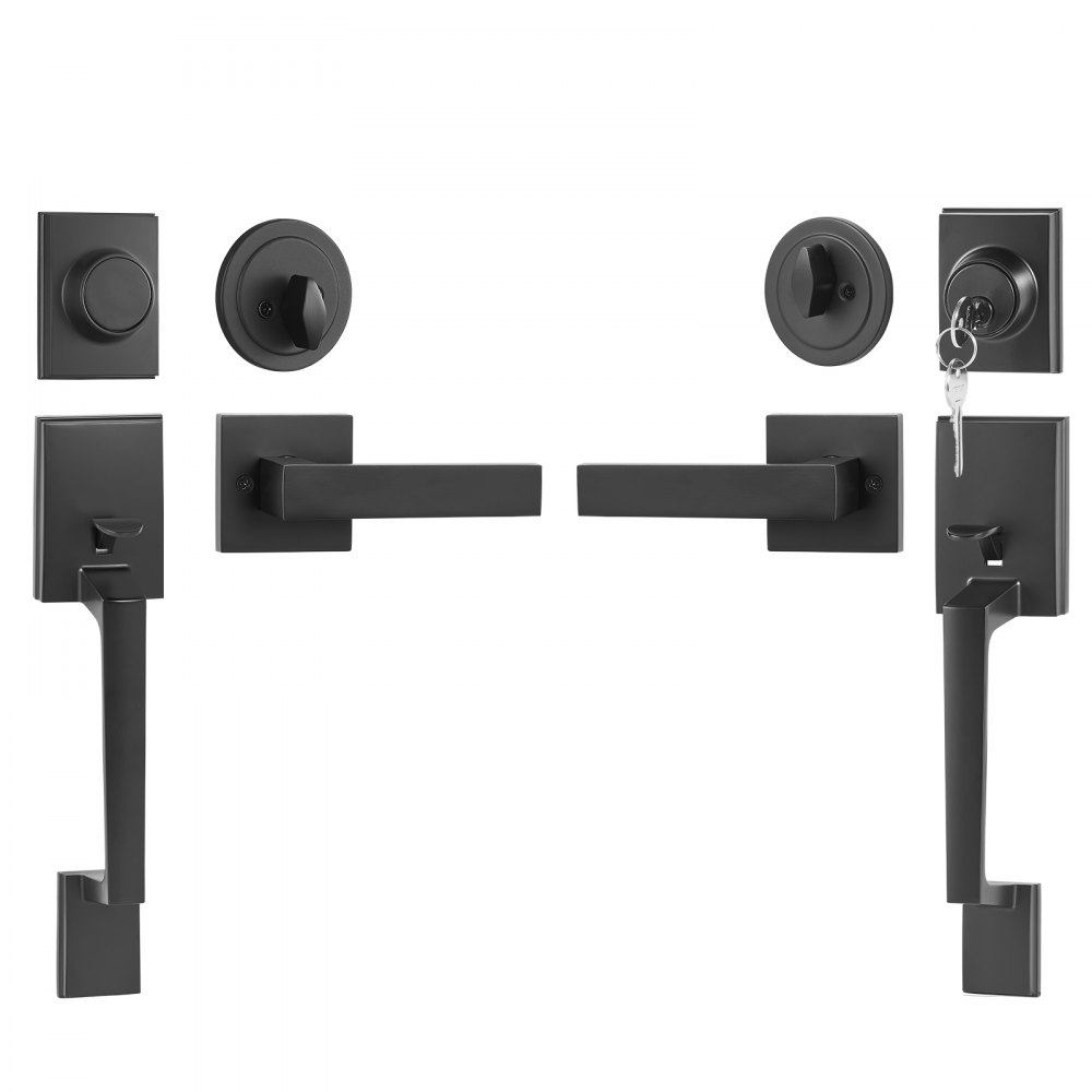 VEVOR Juego de manijas de puerta doble, palanca de puerta cuadrada negra mate, juego de manijas de puerta delantera doble con palanca de manija reversible, juego de cerradura de puerta doble resistente con chupete, para puerta de oficina o puerta de entrada