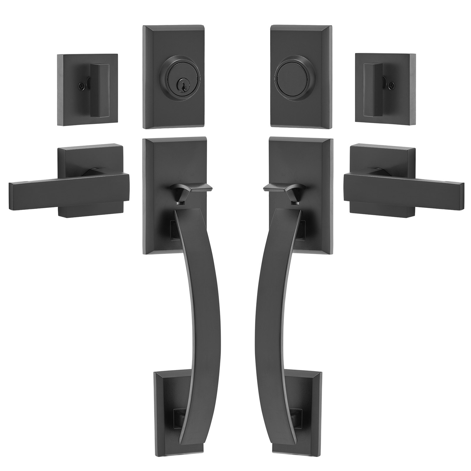 VEVOR Juego de manijas de puerta doble, palanca de puerta arqueada negra mate, juego de manijas de puerta delantera doble con palanca de manija reversible, juego de cerradura de puerta doble resistente con chupete, para puerta de oficina o puerta de entrada