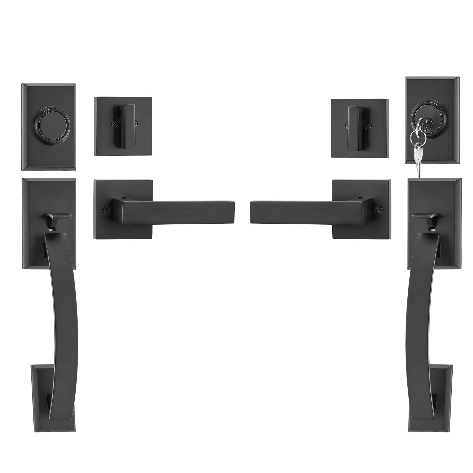 VEVOR Juego de manijas de puerta doble, palanca de puerta arqueada negra mate, juego de manijas de puerta delantera doble con palanca de manija reversible, juego de cerradura de puerta doble resistente con chupete, para puerta de oficina o puerta de entrada