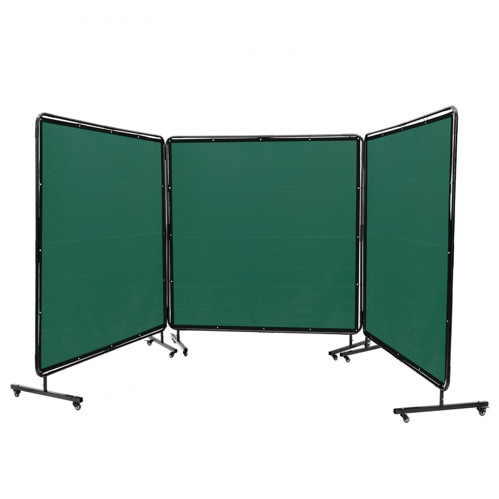 Pantalla de soldadura VEVOR con marco, 1,83 m x 1,83 m, 3 paneles, protección de soldadura de vinilo ignífugo con 12 ruedas giratorias (6 con bloqueo), móvil y profesional para taller, color verde