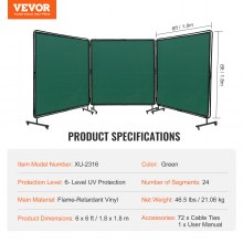 VEVOR Pantalla de soldadura con marco, 6' x 6' 3 paneles de cortina de soldadura, pantalla de protección de soldadura de vinilo resistente al fuego en 12 ruedas giratorias (6 bloqueables), móvil y profesional para taller, verde