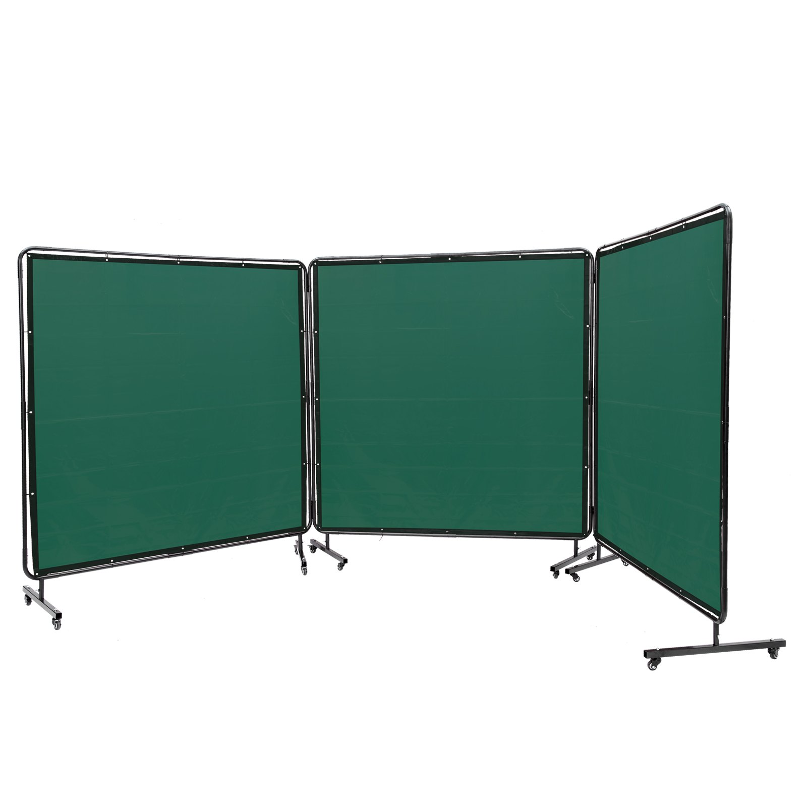 Pantalla de soldadura VEVOR con marco, 1,83 m x 1,83 m, 3 paneles, protección de soldadura de vinilo ignífugo con 12 ruedas giratorias (6 con bloqueo), móvil y profesional para taller, color verde