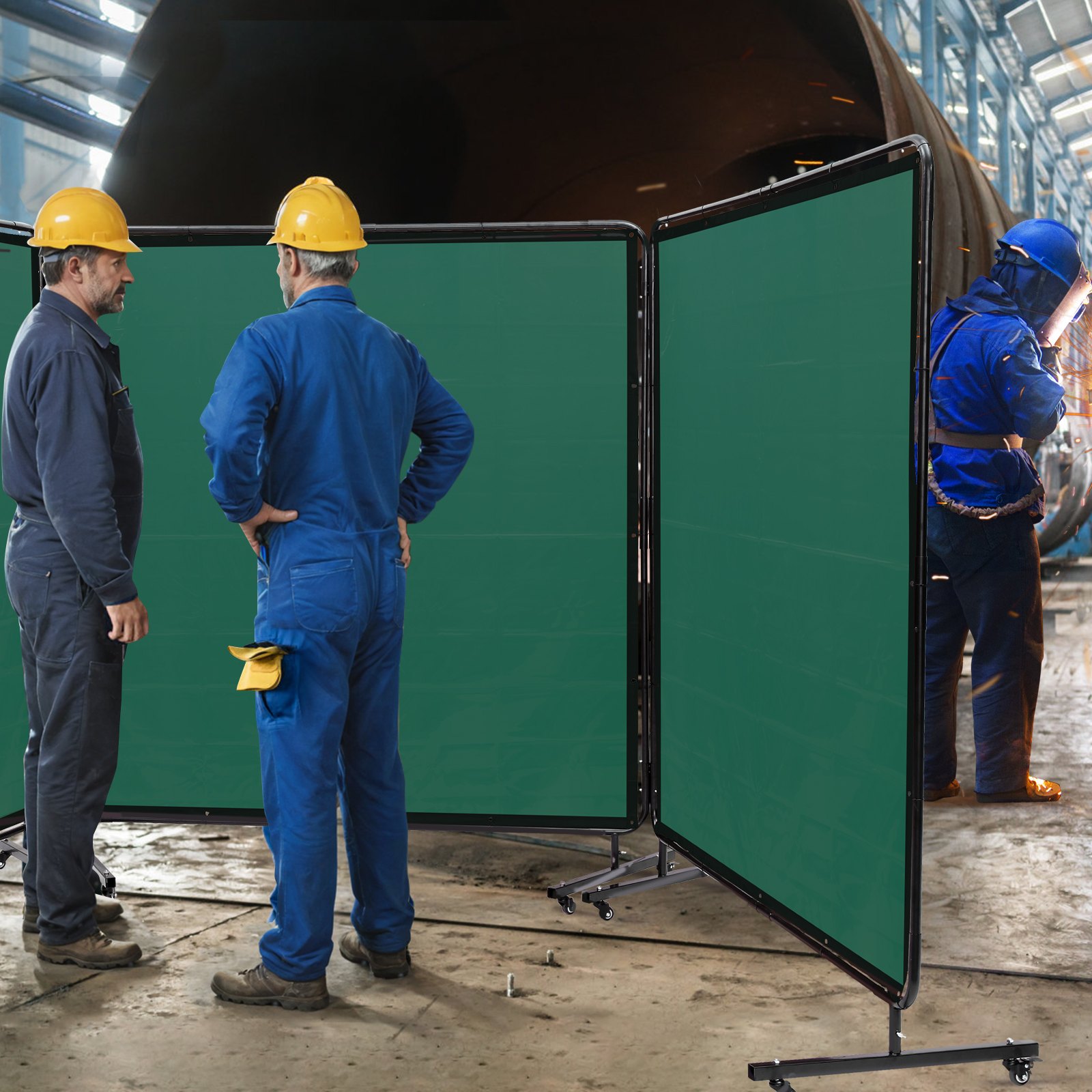Pantalla de soldadura VEVOR con marco, 1,83 m x 1,83 m, 3 paneles, protección de soldadura de vinilo ignífugo con 12 ruedas giratorias (6 con bloqueo), móvil y profesional para taller, color verde