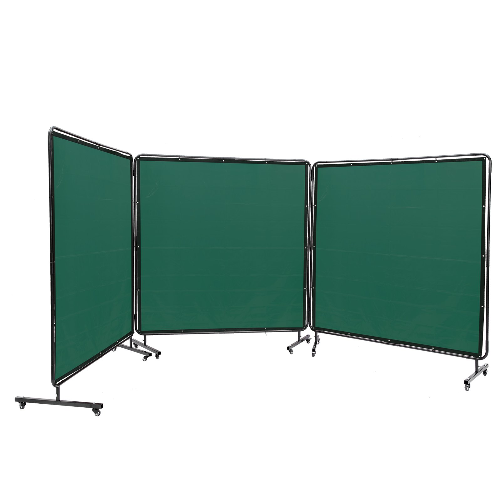 Pantalla de soldadura VEVOR con marco, 1,83 m x 1,83 m, 3 paneles, protección de soldadura de vinilo ignífugo con 12 ruedas giratorias (6 con bloqueo), móvil y profesional para taller, color verde