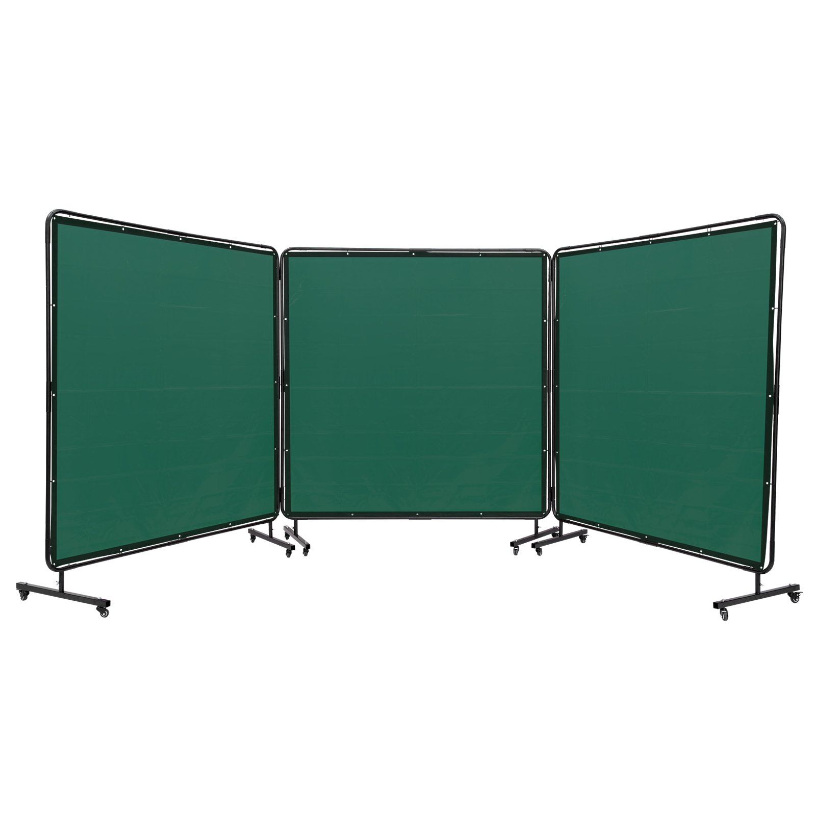 Pantalla de soldadura VEVOR con marco, 1,83 m x 1,83 m, 3 paneles, protección de soldadura de vinilo ignífugo con 12 ruedas giratorias (6 con bloqueo), móvil y profesional para taller, color verde