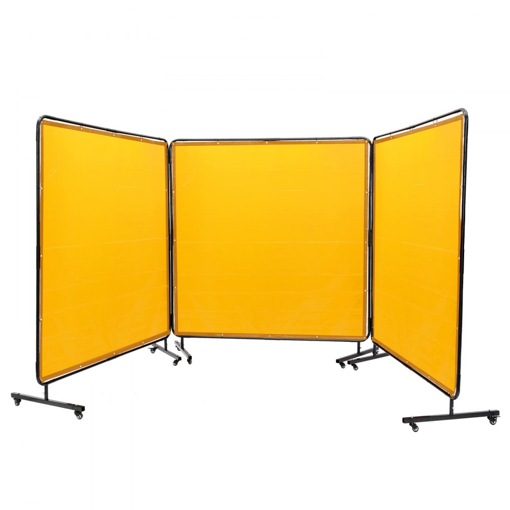 Pantalla de soldadura VEVOR con marco, 1,83 m x 1,83 m, 3 paneles, protección de soldadura de vinilo ignífugo con 12 ruedas giratorias (6 con bloqueo), móvil y profesional para taller, color amarillo