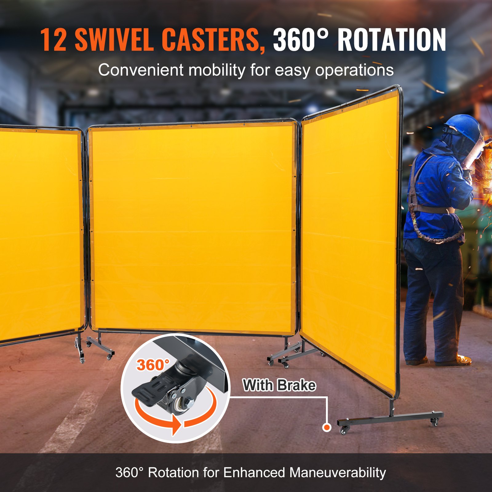 Pantalla de soldadura VEVOR con marco, 1,83 m x 1,83 m, 3 paneles, protección de soldadura de vinilo ignífugo con 12 ruedas giratorias (6 con bloqueo), móvil y profesional para taller, color amarillo