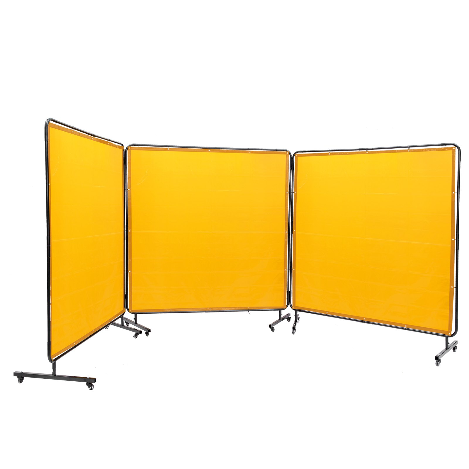 Pantalla de soldadura VEVOR con marco, 1,83 m x 1,83 m, 3 paneles, protección de soldadura de vinilo ignífugo con 12 ruedas giratorias (6 con bloqueo), móvil y profesional para taller, color amarillo