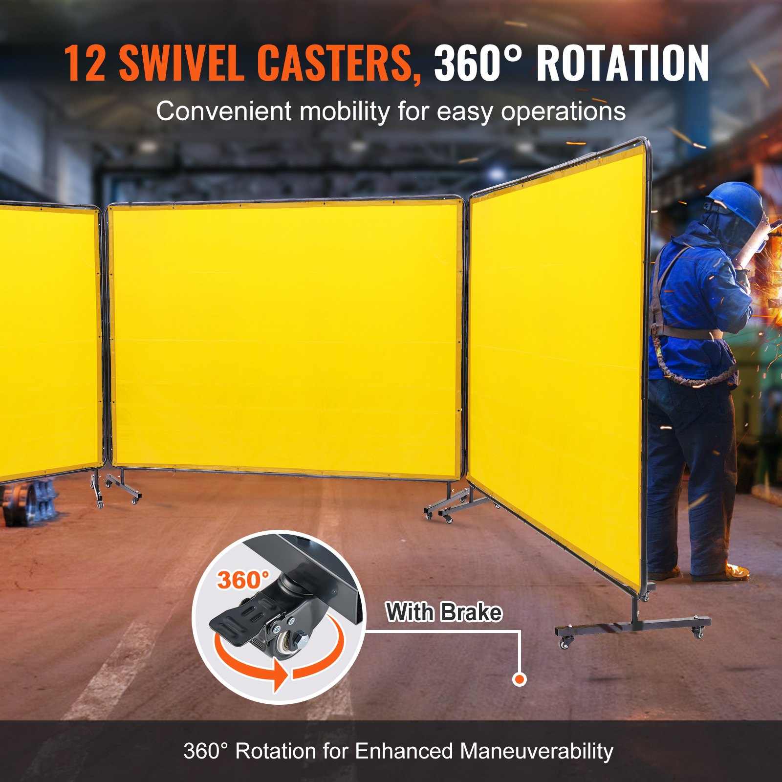 Pantalla de soldadura VEVOR con marco, 1,83 m x 2,44 m, 3 paneles, protección de soldadura de vinilo ignífugo con 12 ruedas giratorias (6 con bloqueo), móvil y profesional para taller, color amarillo