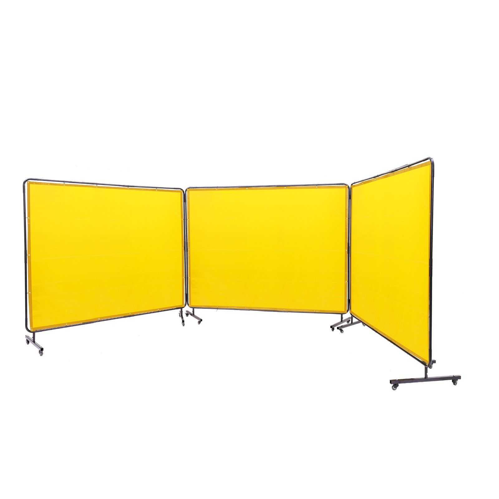 Pantalla de soldadura VEVOR con marco, 1,83 m x 2,44 m, 3 paneles, protección de soldadura de vinilo ignífugo con 12 ruedas giratorias (6 con bloqueo), móvil y profesional para taller, color amarillo