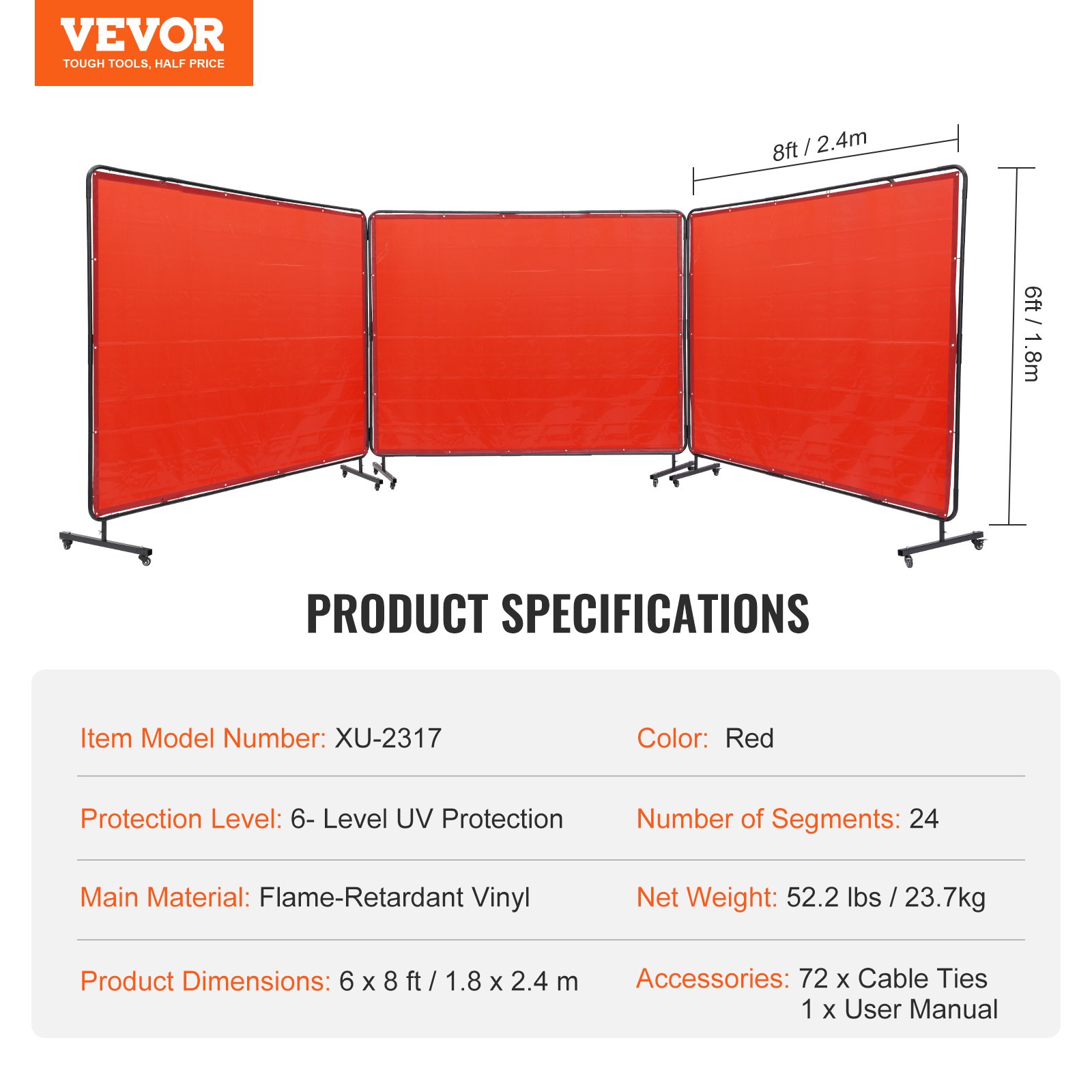 Pantalla de soldadura VEVOR con marco, 1,83 m x 2,44 m, 3 paneles, protección de soldadura de vinilo ignífugo con 12 ruedas giratorias (6 con bloqueo), móvil y profesional para taller, color rojo