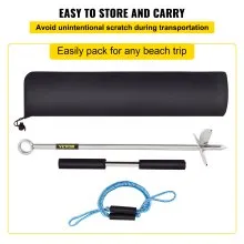 VEVOR Ancla de arena, barrena de 18 pulgadas de longitud para la playa y banco de arena, anclaje de tornillo de acero inoxidable 316 con mango extraíble, línea elástica y bolsa de transporte, para jet