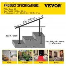 VEVOR Kit de barandillas para escaleras al aire libre, pasamanos de 5 pies 0-5 escalones, ángulo ajustable, barandilla de aluminio negro para escaleras para ancianos, pasamanos para escalones interiores y exteriores