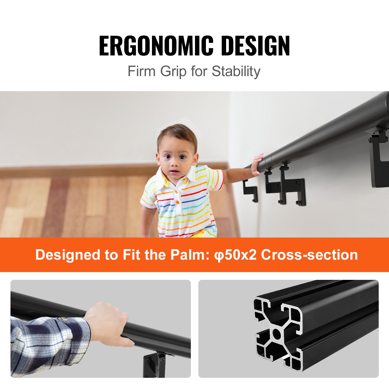 Pasamanos VEVOR para escaleras de 2,1 m, montaje en pared, de aleación de aluminio engrosado con kit de instalación, capacidad de carga de 200 kg, para escaleras exteriores