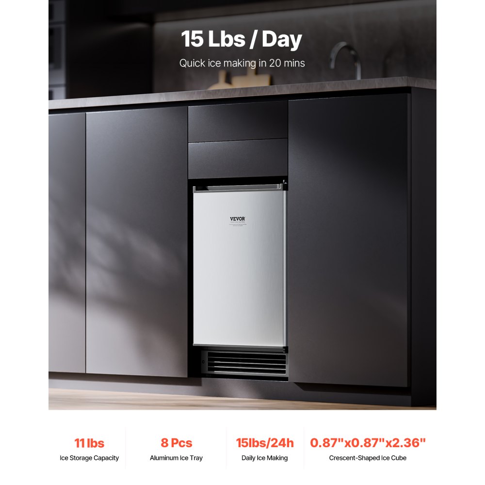 Máquina de hielo empotrada bajo encimera VEVOR, 15 lb/día, con puerta reversible, de acero inoxidable, para cocinas comerciales y domésticas, sin drenaje.