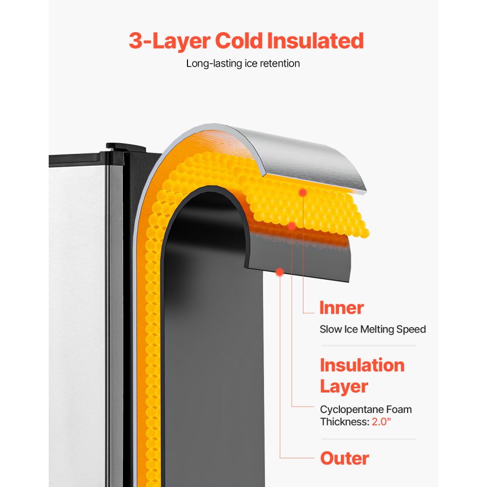Máquina de hielo empotrada bajo encimera VEVOR, 15 lb/día, con puerta reversible, de acero inoxidable, para cocinas comerciales y domésticas, sin drenaje.