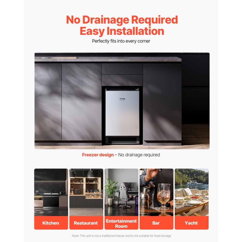 Máquina de hielo empotrada bajo encimera VEVOR, 15 lb/día, con puerta reversible, de acero inoxidable, para cocinas comerciales y domésticas, sin drenaje.