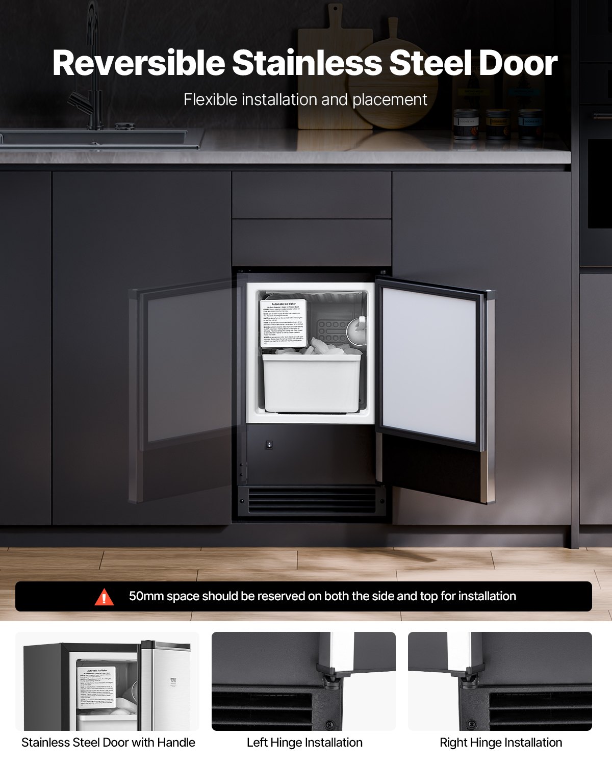 Máquina de hielo empotrada bajo encimera VEVOR, 15 lb/día, con puerta reversible, de acero inoxidable, para cocinas comerciales y domésticas, sin drenaje.