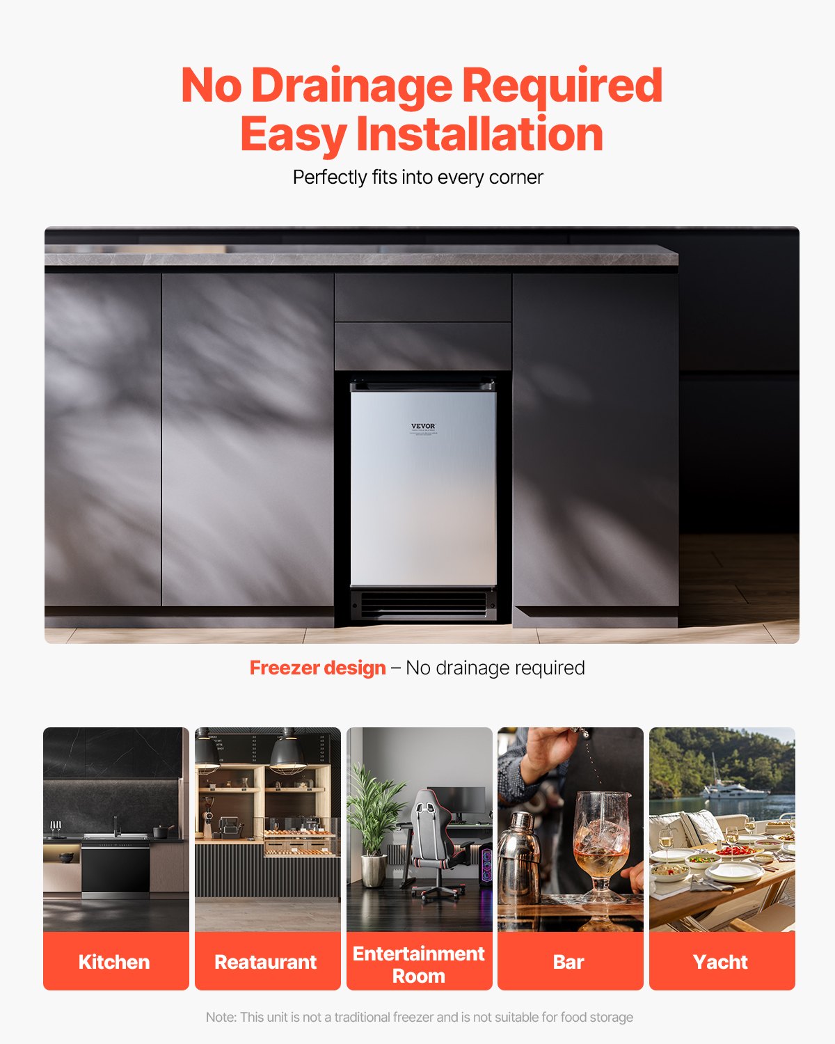 Máquina de hielo empotrada bajo encimera VEVOR, 15 lb/día, con puerta reversible, de acero inoxidable, para cocinas comerciales y domésticas, sin drenaje.