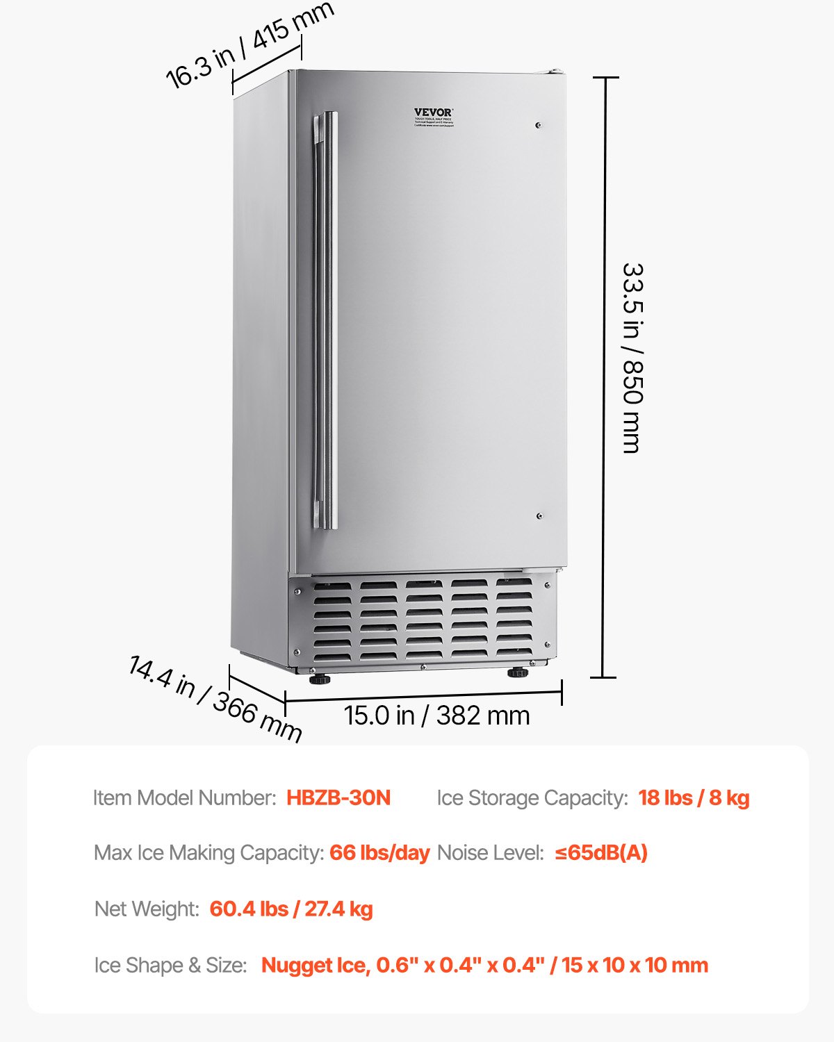 Máquina de hielo empotrada bajo encimera VEVOR, 30 kg/día, con puerta reversible, de acero inoxidable, para cocinas comerciales y domésticas, con drenaje eléctrico.