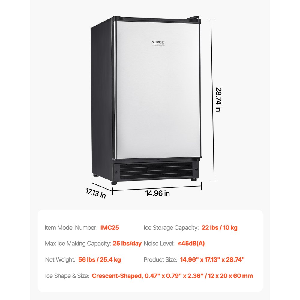 Máquina de hielo empotrada bajo encimera VEVOR, capacidad de 11 kg/día, con puerta reversible, de acero inoxidable, para cocinas comerciales y domésticas, sin drenaje.