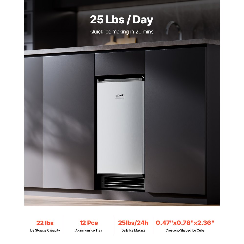 Máquina de hielo empotrada bajo encimera VEVOR, capacidad de 11 kg/día, con puerta reversible, de acero inoxidable, para cocinas comerciales y domésticas, sin drenaje.