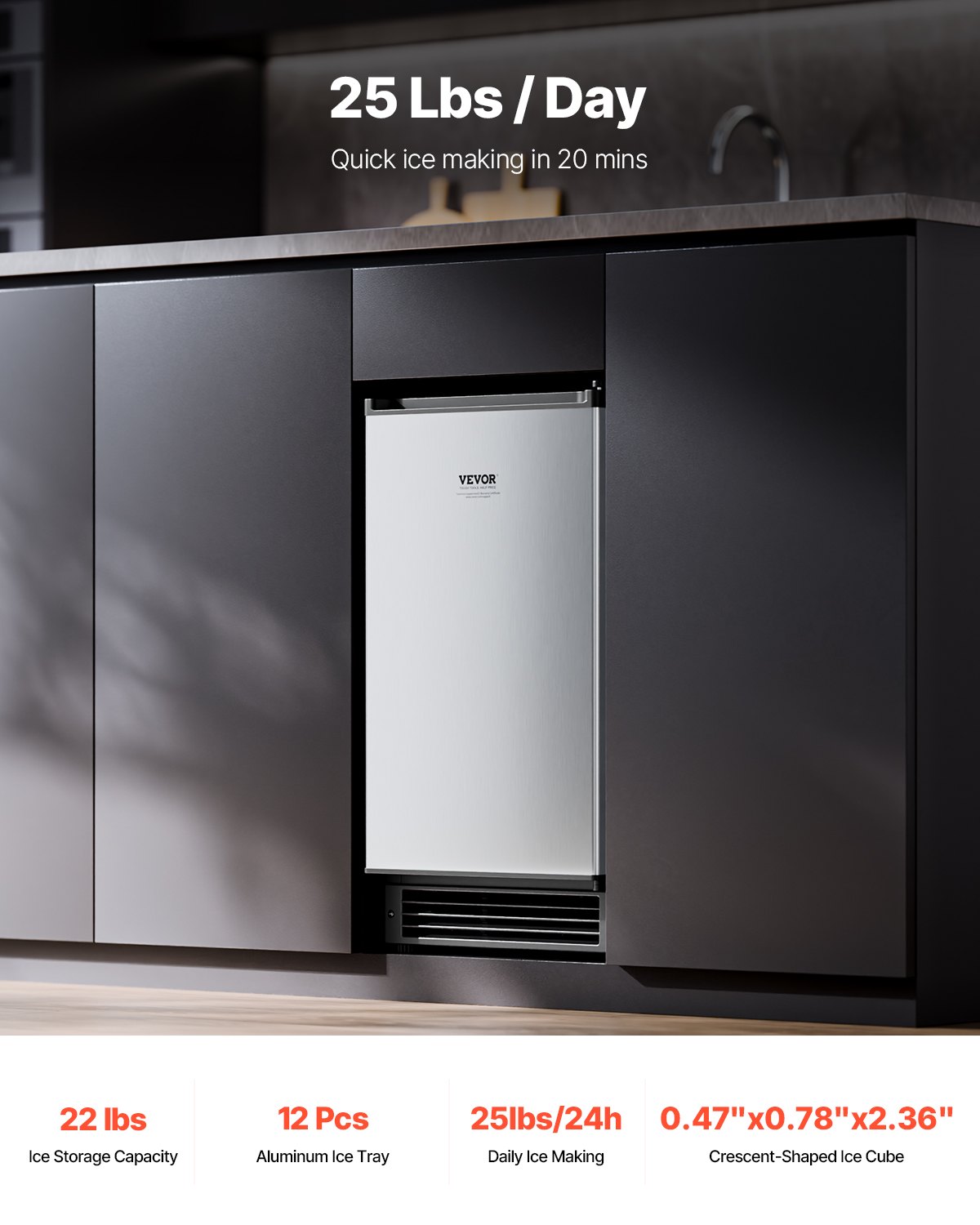 Máquina de hielo empotrada bajo encimera VEVOR, capacidad de 11 kg/día, con puerta reversible, de acero inoxidable, para cocinas comerciales y domésticas, sin drenaje.